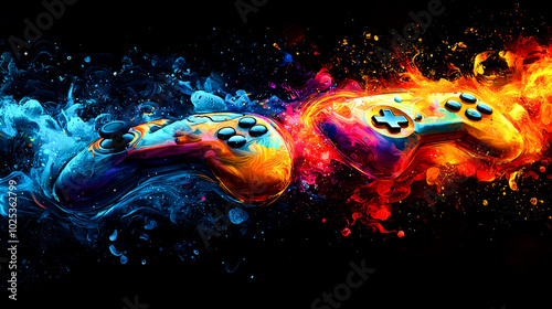 Two video game controllers, one blue and one red, surrounded by