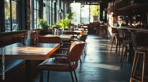 Empty tables and chairs at a modern cafe or restaurant with large windows and sunlight streaming in.