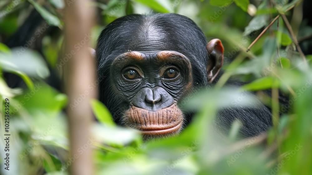 A playful bonobo in the jungle, captured in a natural habitat, showcasing its curiosity and agile movement among lush green trees and dense foliage. The bonobo exudes a sense of freedom and exploratio A playful bonobo in the jungle, captured in a natural habitat, showcasing its curiosity and agile movement among lush green trees and dense foliage. The bonobo exudes a sense of freedom and exploratio