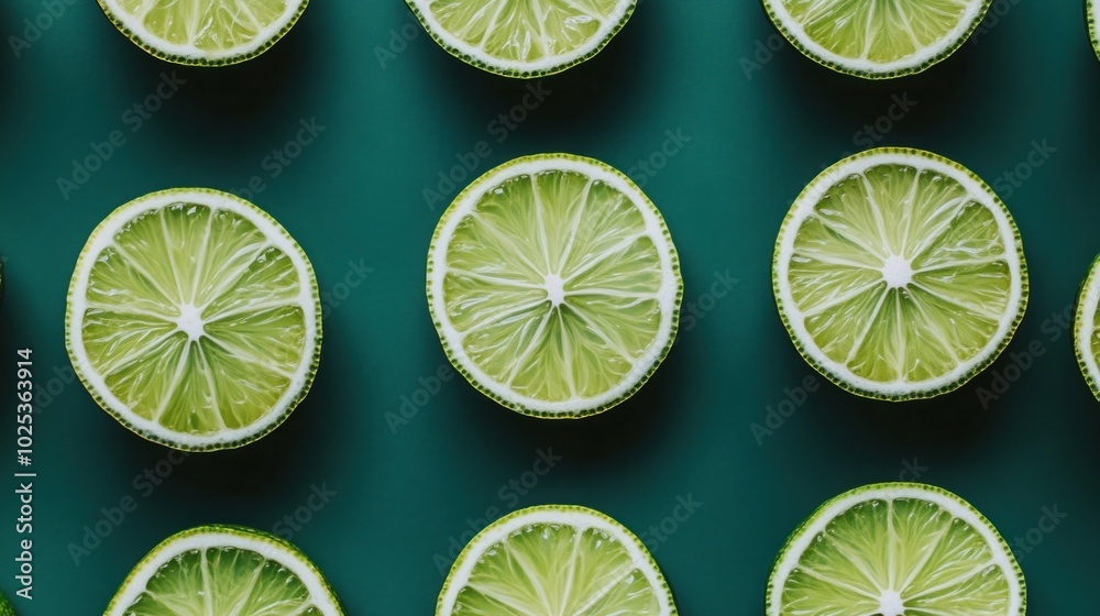 Fototapeta premium A flat lay of lime slices on a teal background.
