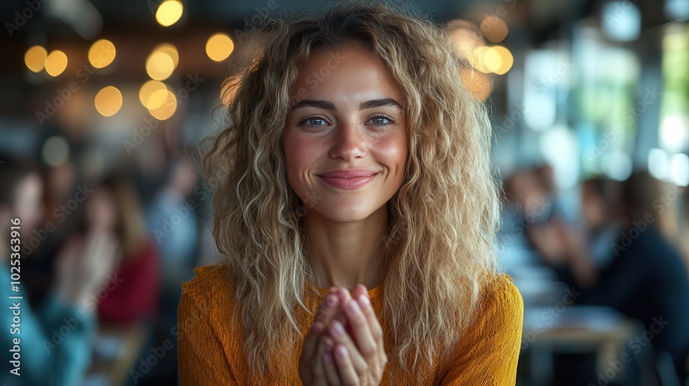 Fototapeta premium Happy Woman with Curly Hair in Cozy Café Setting