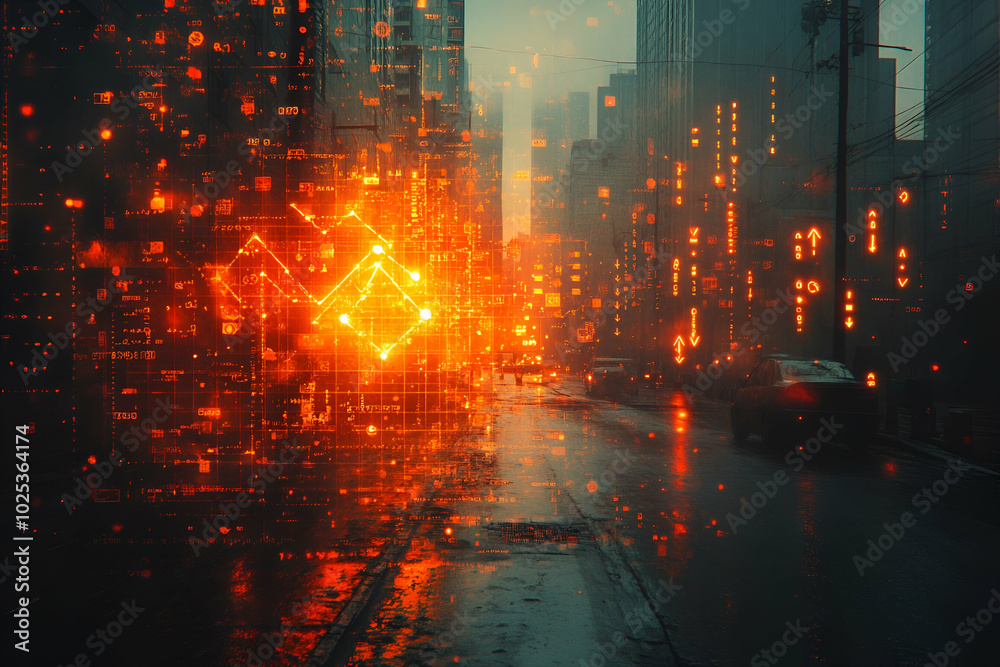 Fototapeta premium A city street with a car driving down it. The street is lit up with bright orange lights