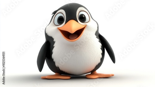 A cute cartoon penguin with big eyes and an open beak, standing on a white background.