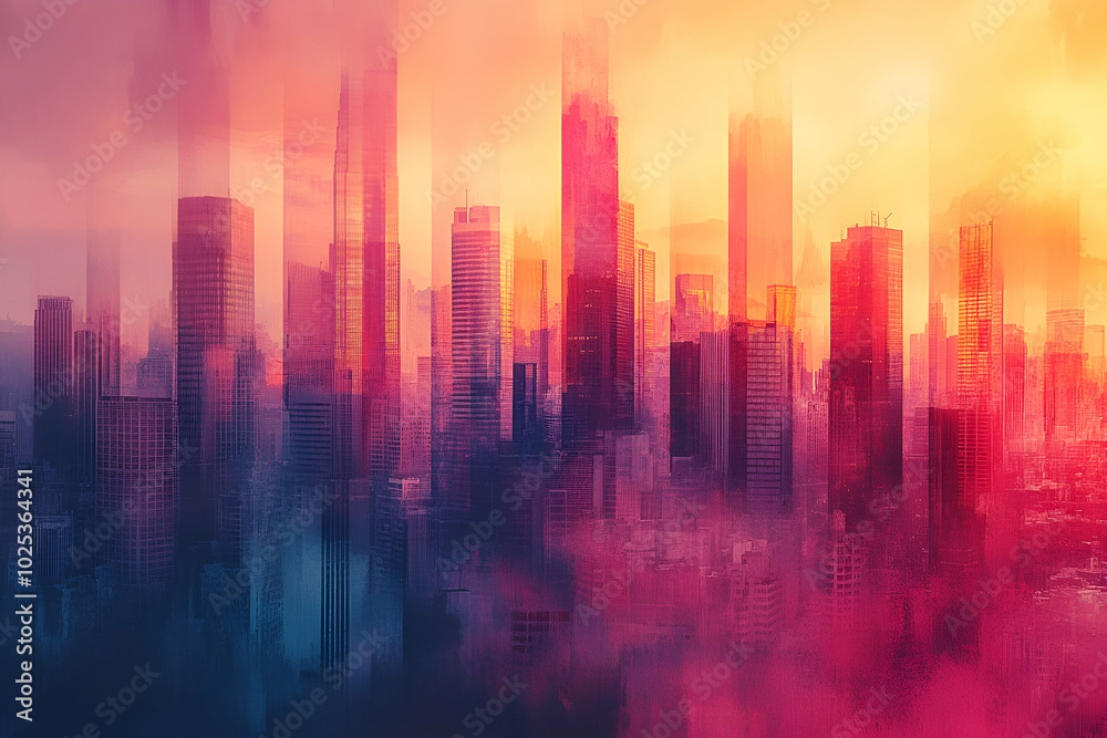 Fototapeta premium A cityscape with buildings in pink, purple, and blue. The sky is orange and the buildings are blurred
