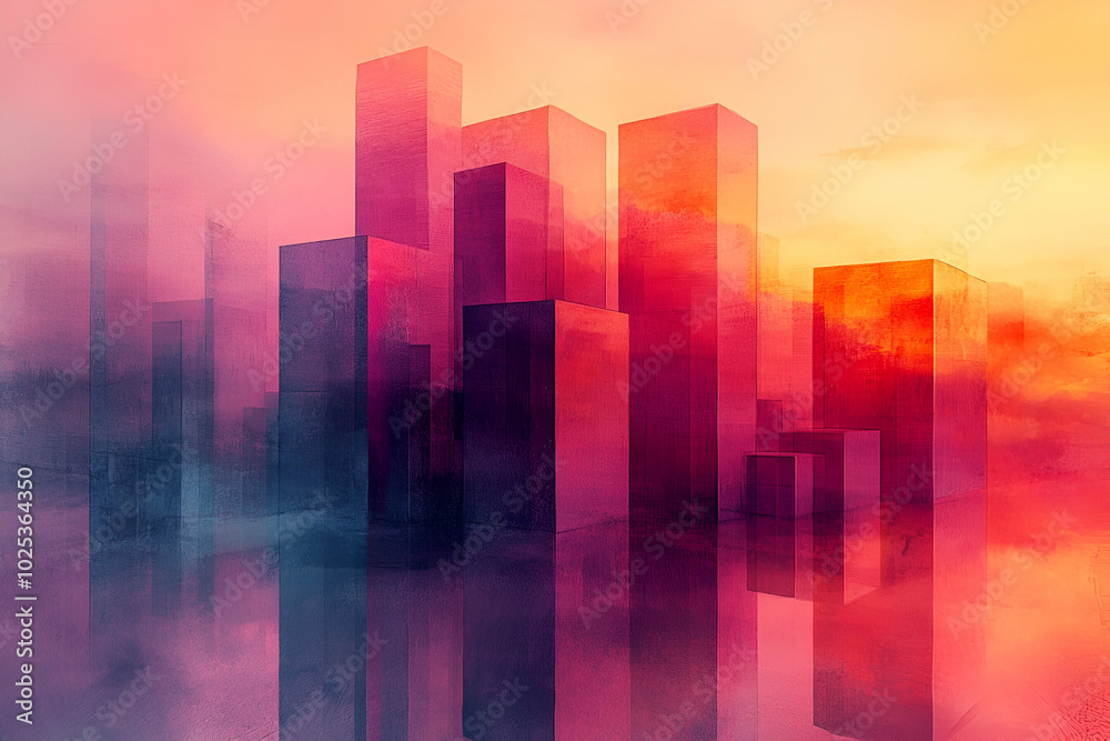 A cityscape with buildings in the background and a reflection of the city in the water. The colors are bright and the mood is vibrant A cityscape with buildings in the background and a reflection of the city in the water. The colors are bright and the mood is vibrant