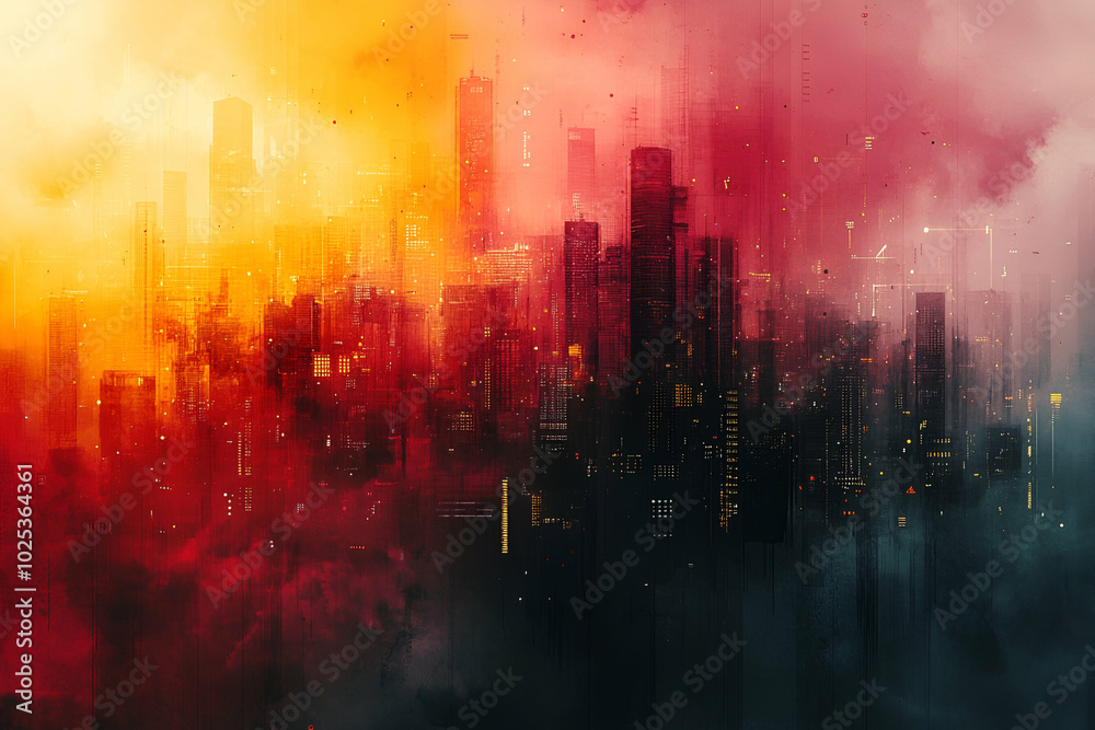 Fototapeta premium A cityscape with a red and orange sky. The city is lit up at night, creating a moody and dramatic atmosphere