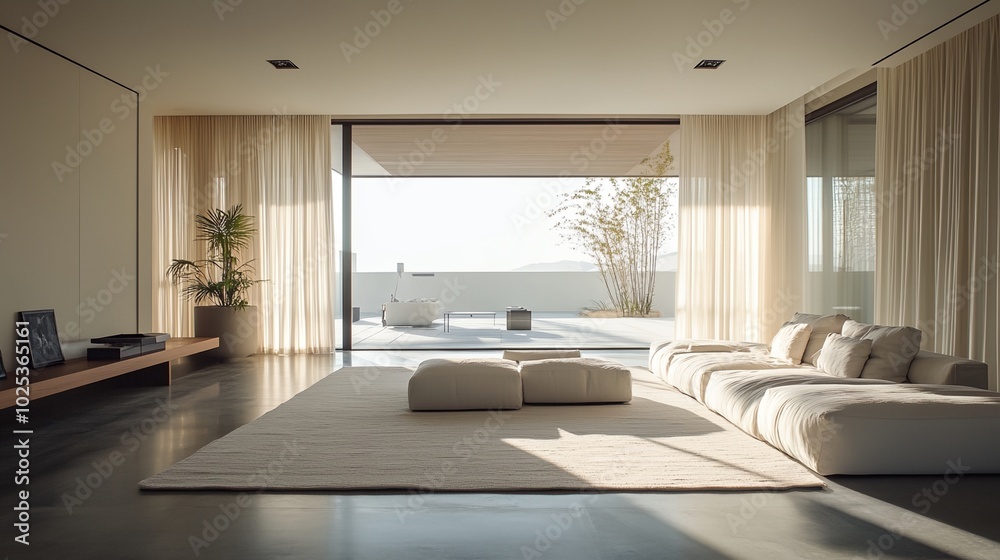 A large living room with a white couch and a rug