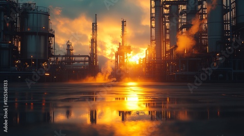 A large industrial area with a lot of smoke and sunset in the background