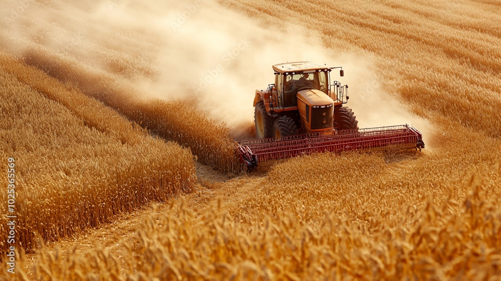 Fototapeta premium A tractor is driving through a field of corn