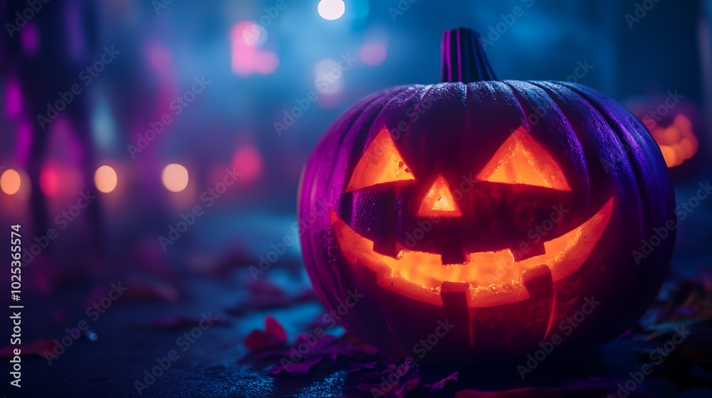 a lit up pumpkin with a scary face a lit up pumpkin with a scary face
