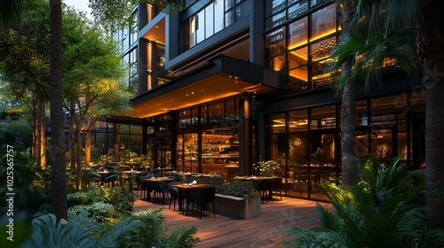 a restaurant with a lot of tables and chairs outside of it at night time with lights on the windows