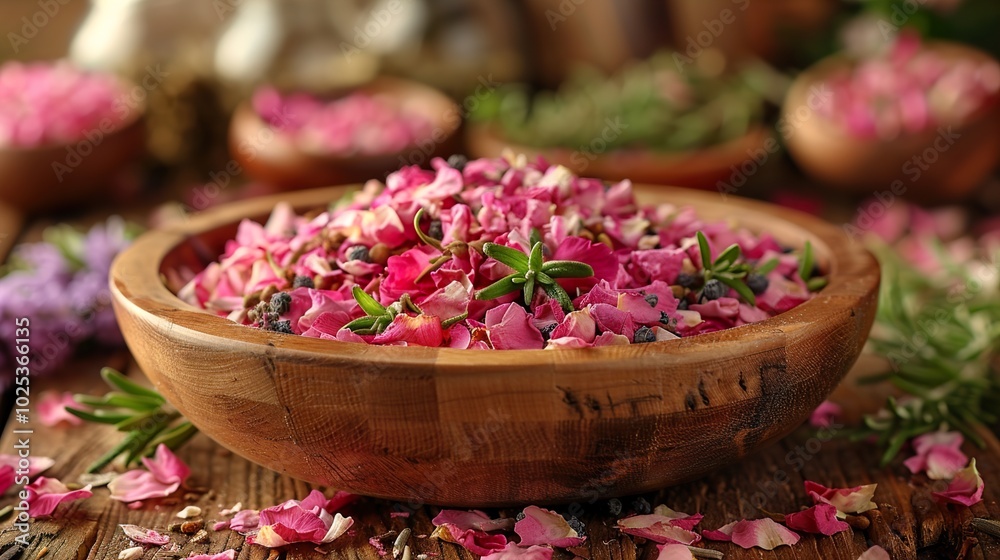 Dried Rose Petals and Rosemary in Wooden Bowl - Aromatic Floral Arrangement