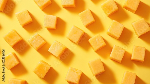 A pattern of small, square, yellow pieces of fruit on a yellow background.