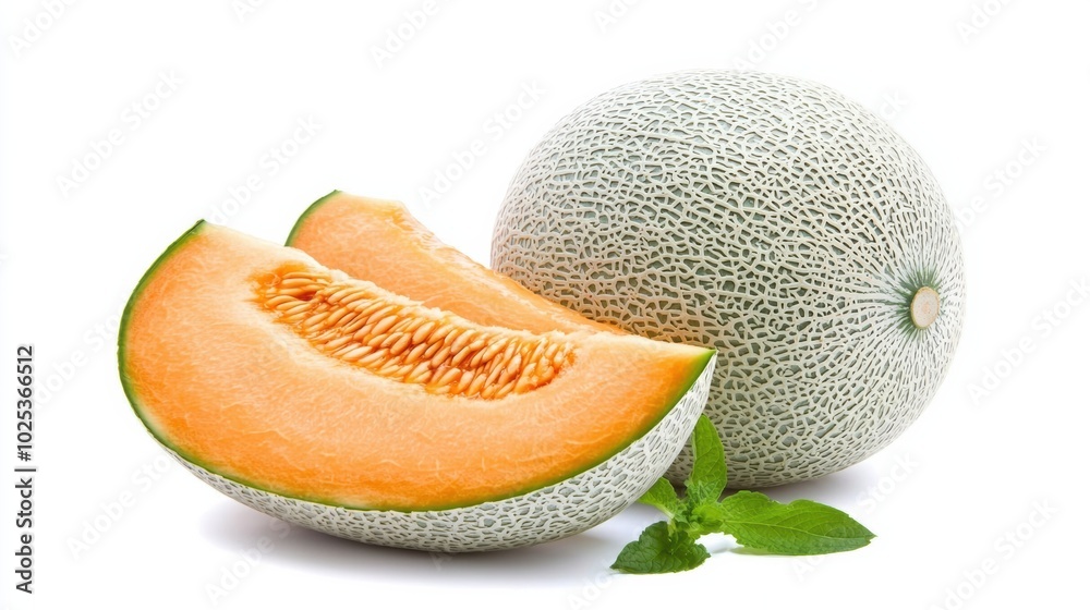 Fresh Melon Slice with Whole Cantaloupe on White Background Fresh Melon Slice with Whole Cantaloupe on White Background