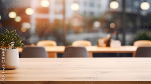 Blurred background of an office with a light wood table in the foreground