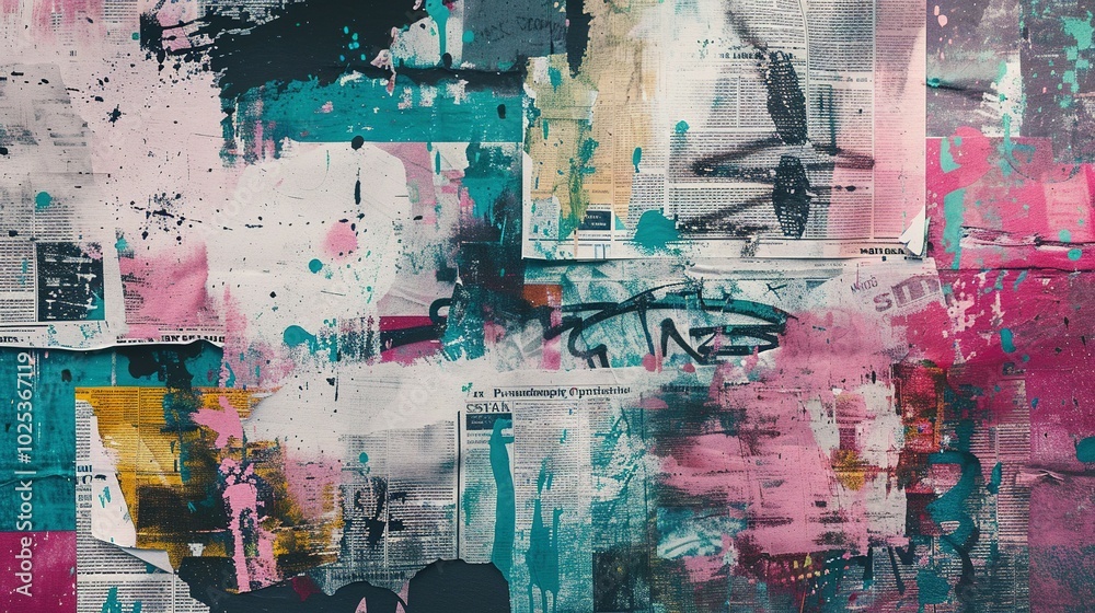 Fototapeta premium Abstract Urban Collage of Torn Posters, Paint Splatter, and Graffiti