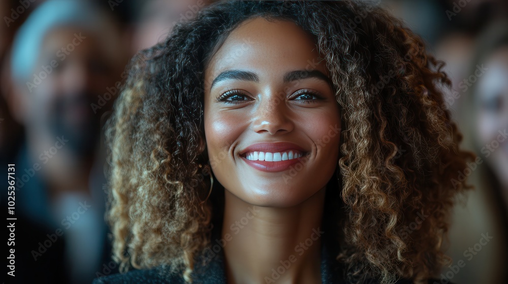 Happy Woman with Curly Hair Smiling at an Event Happy Woman with Curly Hair Smiling at an Event