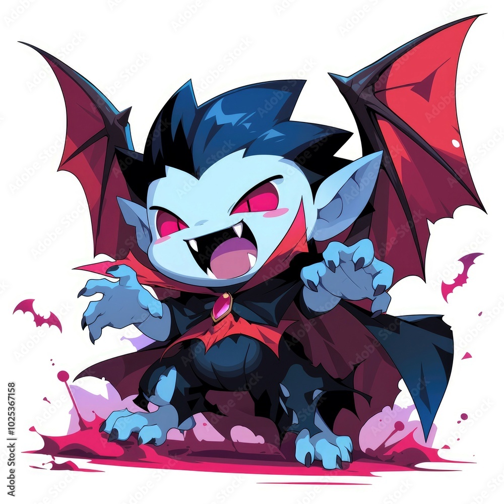 A cute, cartoonish vampire character with bat wings and a playful expression. A cute, cartoonish vampire character with bat wings and a playful expression.