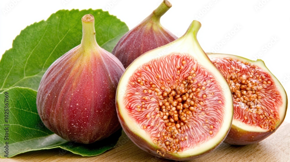 Fresh Figs with Green Leaves on Wooden Background Fresh Figs with Green Leaves on Wooden Background