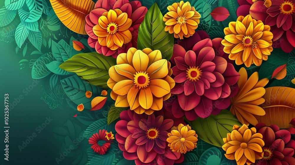 A Close-Up View of Vibrant Yellow and Red Flowers with Green Leaves A Close-Up View of Vibrant Yellow and Red Flowers with Green Leaves