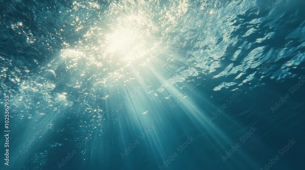 Fototapeta premium Sunlight beams through the water surface, creating a beautiful and ethereal underwater scene.