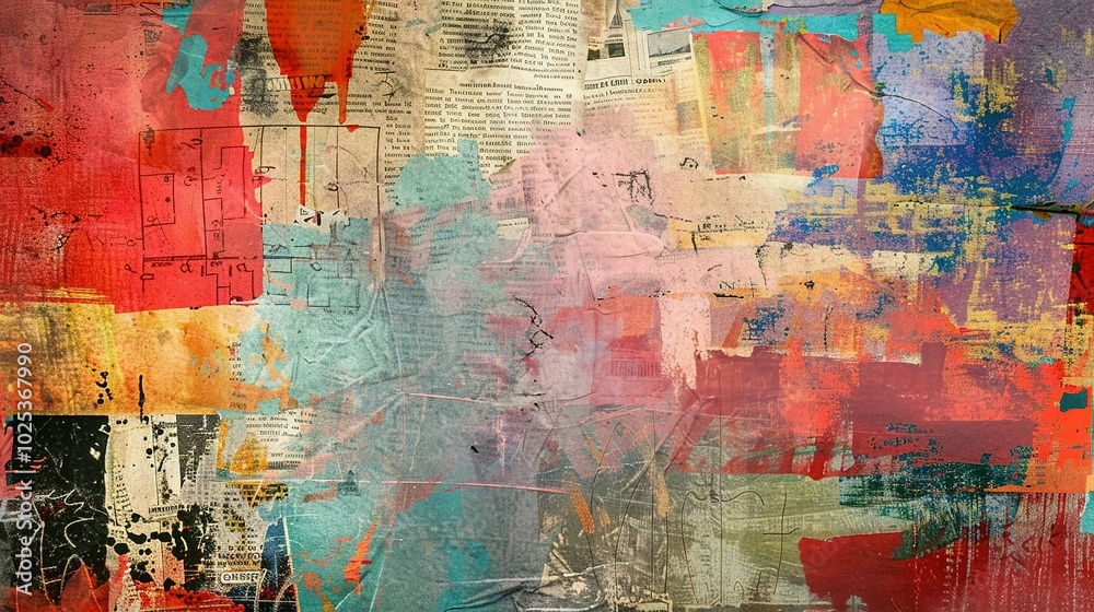 Obraz premium Abstract Collage of Textured Paper with Paint Splatter and Geometric Shapes