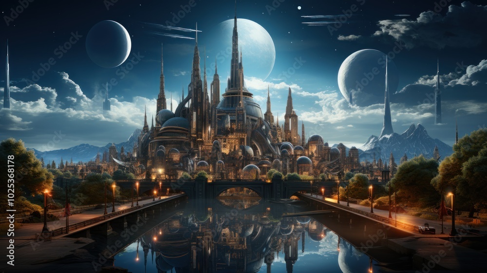 Obraz premium A futuristic city with a river flowing through it and a large bridge connecting the two sides.