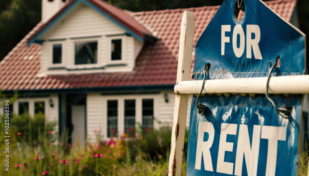 Obraz premium Blue sign that says For Rent is hanging on a wooden post in front of a house. The house is a small, white home with a red roof. The sign is placed in the front yard