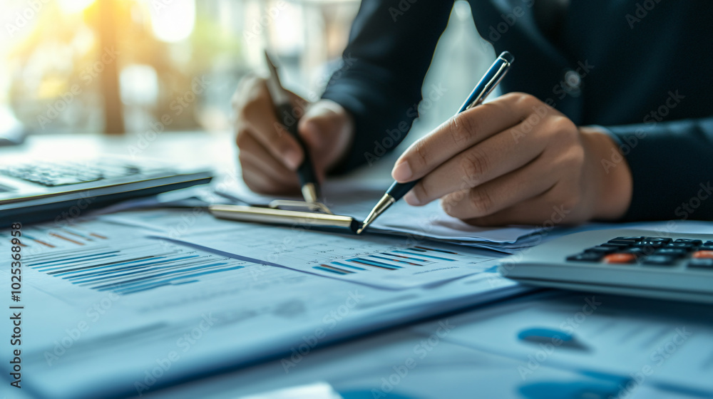 Person working with documents on desk, accountant checking company budget accounting documents Person working with documents on desk, accountant checking company budget accounting documents
