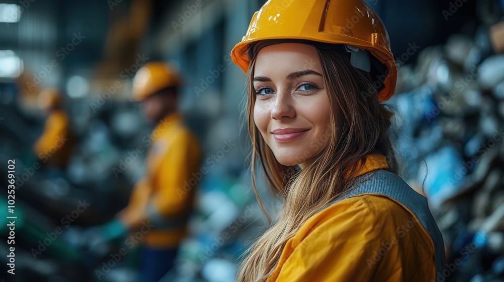 Smiling Worker in Hard Hat at Recycling Facility Smiling Worker in Hard Hat at Recycling Facility