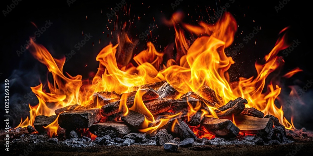 Burning charcoal flames on black background Burning charcoal flames on black background