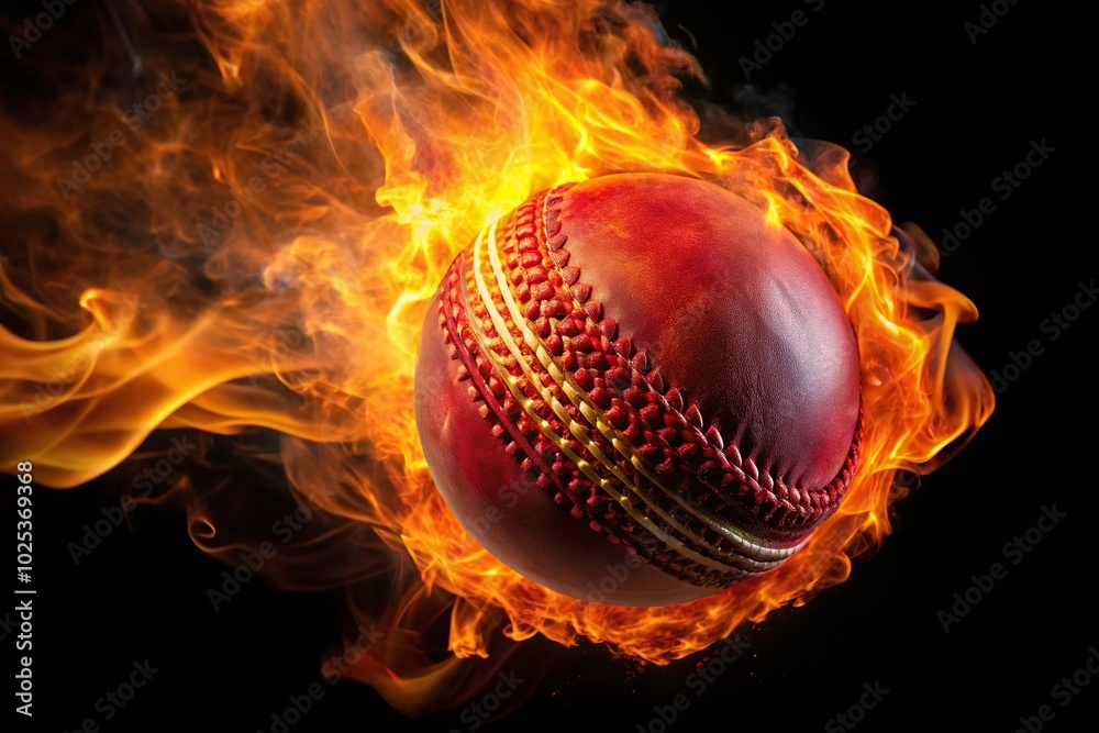Burning cricket ball with bright flame splash flying on black background Extreme Close-Up Burning cricket ball with bright flame splash flying on black background Extreme Close-Up