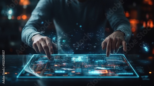 Hands Interacting with Futuristic Holographic Interface