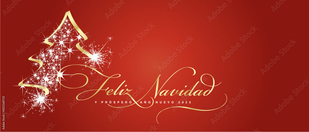 Naklejka premium Merry Christmas and Happy New Year 2025 Spanish language beautiful golden white light elegant brush script calligraphy typography with glitter sparkle Christmas tree red background greeting card