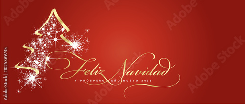 Merry Christmas and Happy New Year 2025 Spanish language beautiful golden white light elegant brush script calligraphy typography with glitter sparkle Christmas tree red background greeting card