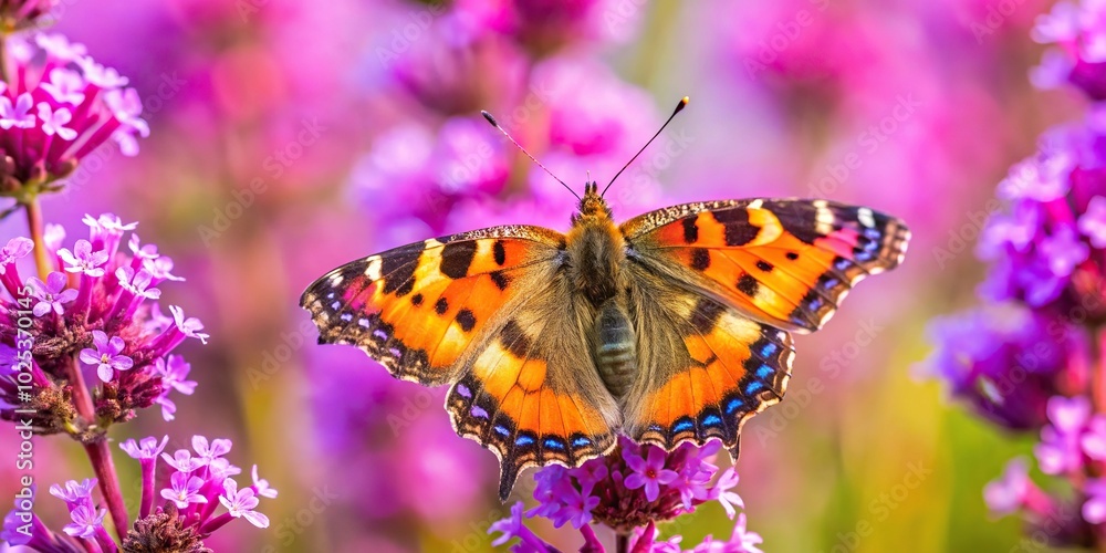 Butterfly Aglais urticae on purple loosestrife and verbena blossom Butterfly Aglais urticae on purple loosestrife and verbena blossom