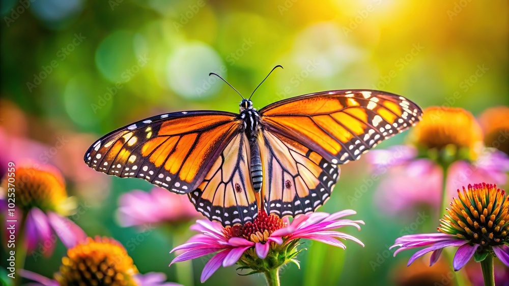 Butterfly perched on a flower with wings spread Butterfly perched on a flower with wings spread
