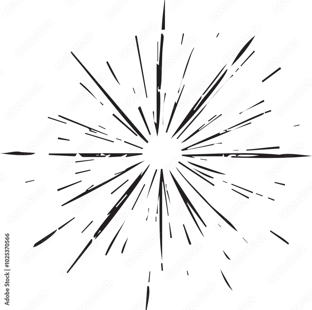 Obraz premium simple black and white graphic featuring a stylized burst of light with many jagged lines radiating outward from a central point creating a dynamic and energetic visual effect.