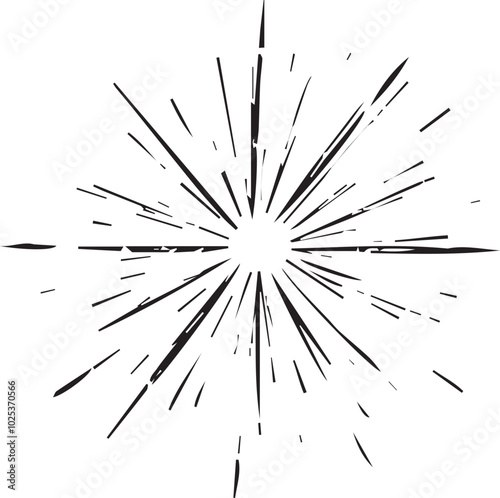 simple black and white graphic featuring a stylized burst of light with many jagged lines radiating outward from a central point creating a dynamic and energetic visual effect.