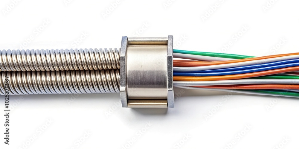 Cable guide and wire insertion tool in corrugated sleeve, white background, top view Cable guide and wire insertion tool in corrugated sleeve, white background, top view
