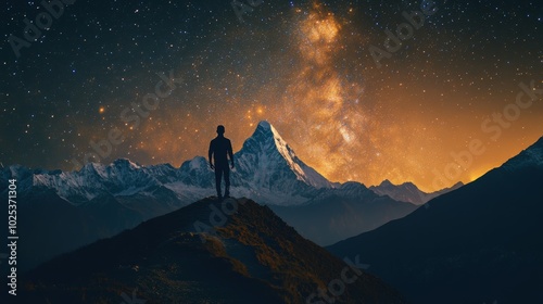 Silhouette of a Man Standing on a Mountain Peak Under a Starry Sky