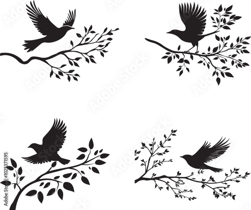 Silhouette of a bird taking flight from a tree branch, set of birds vector icon