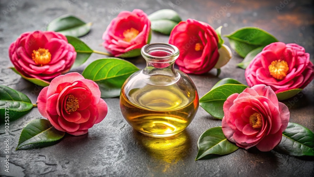 Camellia flowers and oil on grey background Camellia flowers and oil on grey background