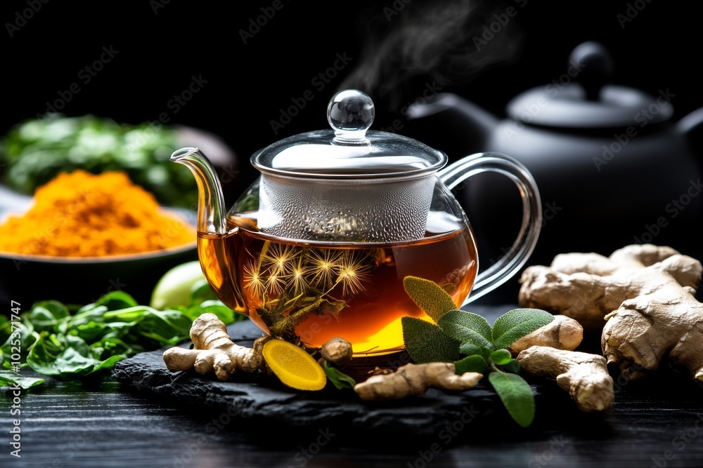 Detox tea with herbs like dandelion, ginger, and turmeric, steeping in a teapot, with the steam rising in the background Detox tea with herbs like dandelion, ginger, and turmeric, steeping in a teapot, with the steam rising in the background