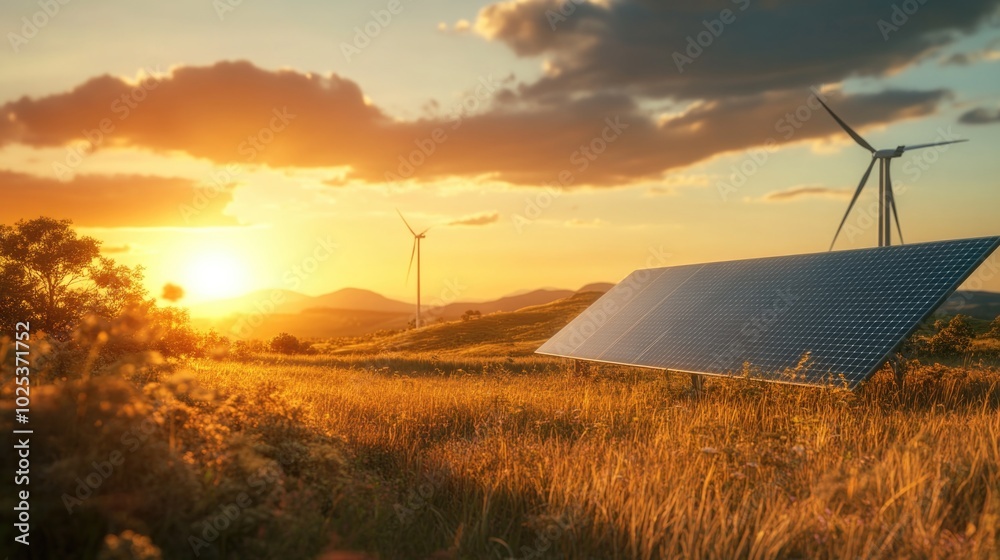 Obraz premium Renewable Energy Solar Farm at Sunset