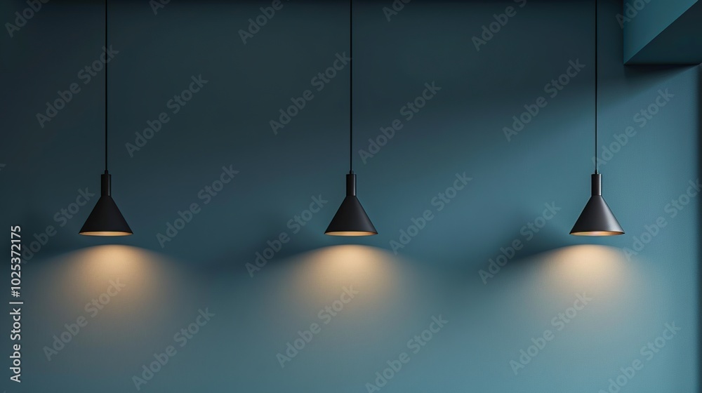 Three black pendant lights hanging against a blue wall. Three black pendant lights hanging against a blue wall.
