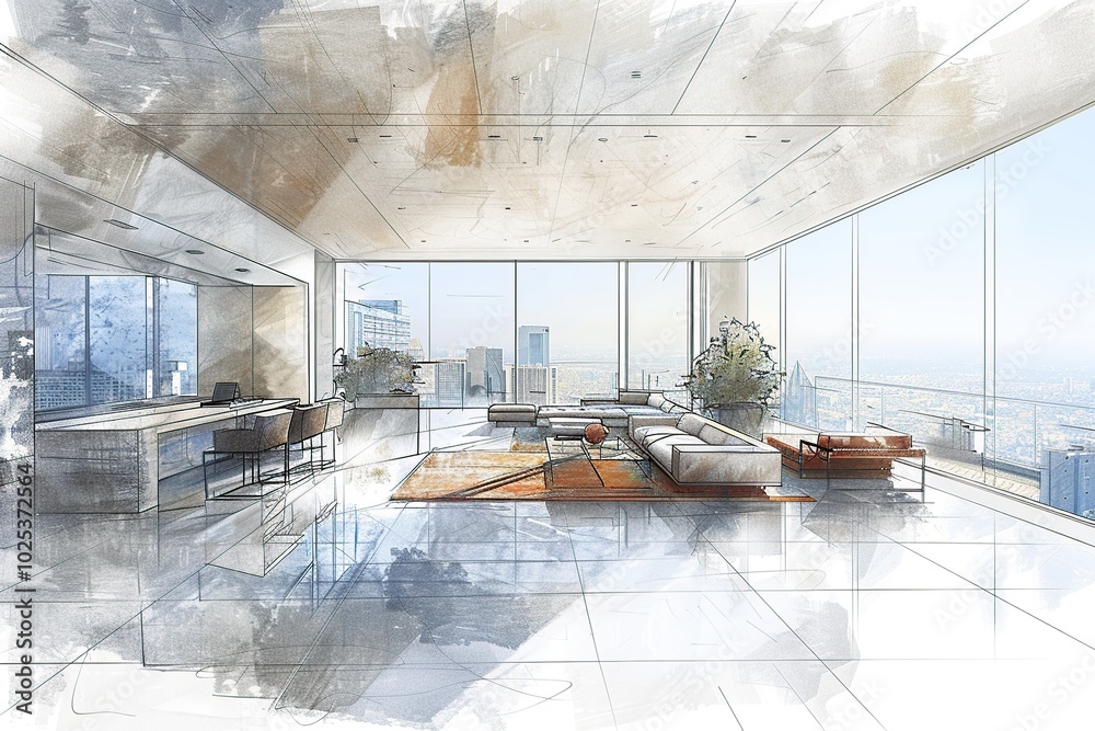Watercolor sketch of a modern living room with a city view. Watercolor sketch of a modern living room with a city view.
