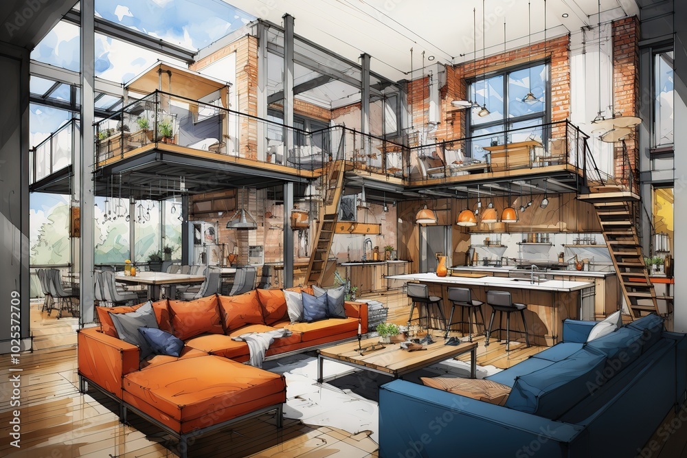 A modern loft apartment with an open floor plan, large windows, exposed brick walls, and a mix of industrial and rustic elements. A modern loft apartment with an open floor plan, large windows, exposed brick walls, and a mix of industrial and rustic elements.