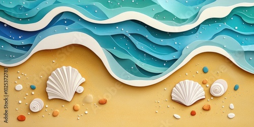 Two seashells and scattered pebbles on wet sand with a foamy wave nearby, Seashells and pebbles on wet sand with a foamy wave