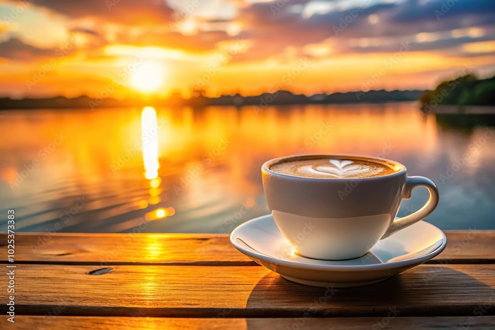 Cappuccino mug with cream against a sunset backdrop Cappuccino mug with cream against a sunset backdrop